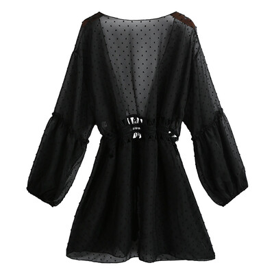 

Women Bikini Cover Up Polka Dot See Through Crochet Splicing Tied Waist Loose Sexy Beach Holiday Vacation Wear
