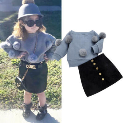 

2PCS Toddler Baby Girl Autumn Winter Clothes Knit Sweater TopsMini Skirt Outfit