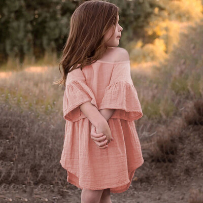 

Toddler Baby Girls Off Shoulder Flare Sleeve Ruffles Solid Print Dress Clothes
