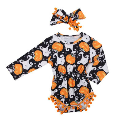 

Spring Autumn Casual Fashion Jumpsuits Baby Long Sleeve Pumpkin Printing Rompers Headhand Kids Clothes