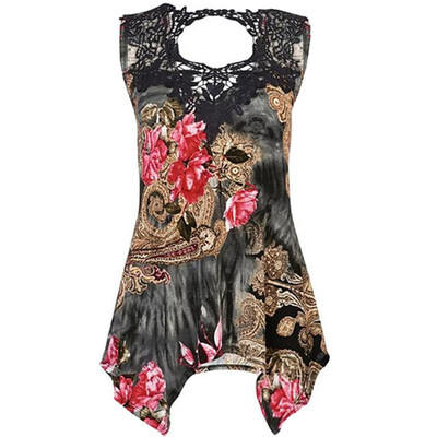 

Nomeni Women Sleeveless Lace Irregular Casual Shantou Print Vest Blouse Shirt Tops