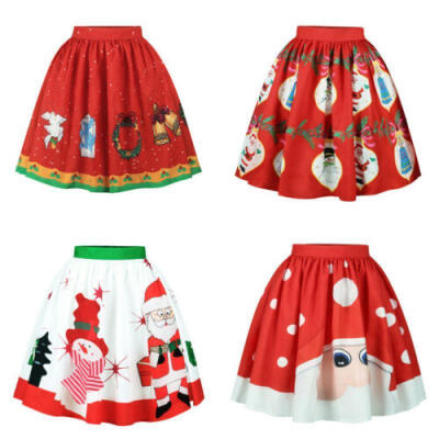 

Women Christmas High Waist Stretch Skater Flared Pleated Swing Long Skirt Dress
