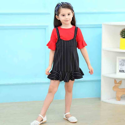 

Summer Baby Girl Flare Sleeve Solid Pattern Cotton T-shirt Blouse Mini Stripe Strap Skirts Casual Outfits Set 2019