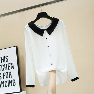 

Womens Korean Shirt Top Peter Pan Collar Long Sleeve Solid Color Pullover Loose Foreign Chiffon Shirt