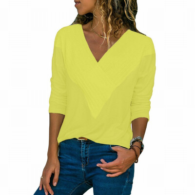 

Solid color V-neck long-sleeved slim T-shirt casual ladies shirt top