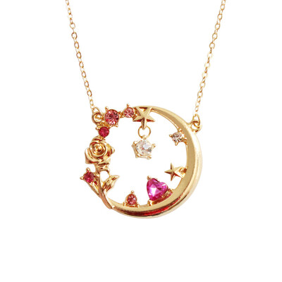 

Fashion Jewelry Accessories Pink Rhinestone Moon Necklace Women Gifts