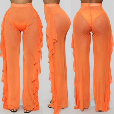 

Plus Size Women Mesh Sheer Bikini Cover Up Long Pant Trousers Beach Swimwear