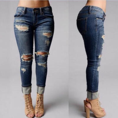 

Women Hole Destroyed Ripped Distressed Slim Denim Pants Boyfriend Jeans Lot Pop