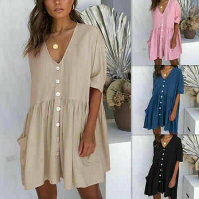 

Womens Boho Short Mini Dress Casual Loose V Neck Evening Party Beach Sundress