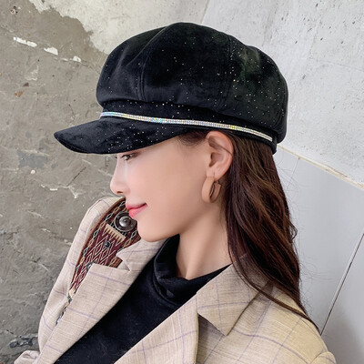 

Korean version of autumn&winter Joker Japanese berets women silver corduroy octagonal berets England retro cap