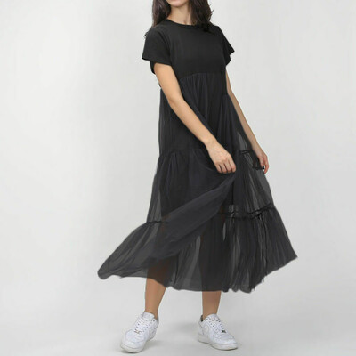

Women Summer Holiday Short Sleeve Mesh Long Dress Cotton Long Tops T-shirt Dress