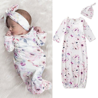 

Newborn Baby White Floral Long Sleeve Pure Cotton Sleeping Bag with Headband 2 Pieces Set 0-1 Years
