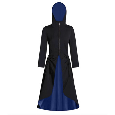 

Tailored Women Vintage Hooded Zip Front Color Block Ruched Back Bandages Party Long Coat