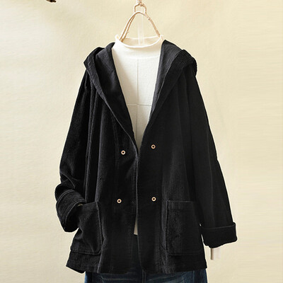 

Tailored Women Vintage Corduroy Hooded Pockets Long Sleeves Plus Size Jacket Coat
