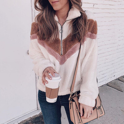 

Starmoon Women Patchwork Zipper Flannel Long Sleeve Sweatshirt Pullover Tops Blouse