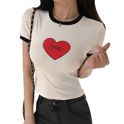 

Women Cotton Elastic Basic T-shirts Heart Print Color Block Round Neck T-Shirt Female Casual Short Sleeve Tshirt