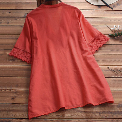 

Womens Embroidered Cotton Linen Loose Short-sleeved V-neck Shirts Tops