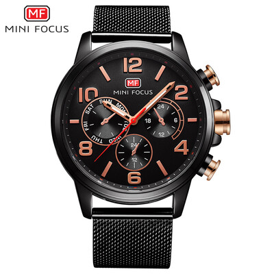 

MINI FOCUS Fox mens watch quartz trend business fake three-eye steel mesh belt leather strap