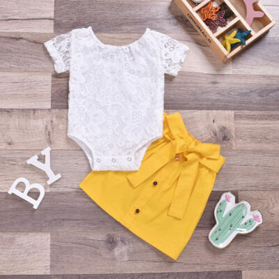 

US Infant Baby Girl Flower Short-Sleeved Lace Bodysuit Top A-semi-skirt Sundress