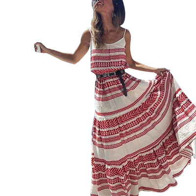 

Large Size Loose Bohemian Deep V-neck Print Sling Beach Dress  High Waist Dress