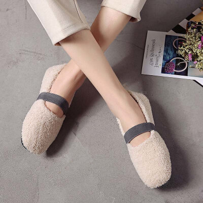 

Woolen shoes for women wearing autumn flat-soled lamb wool shoes&beans shoes with elastic straps