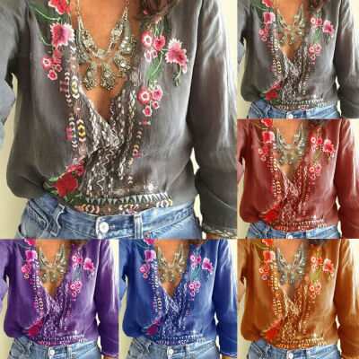 

Women T-Shirt Embroidered Flowers Tee Deep V-Neck Long Sleeve Shirts Top Blouse