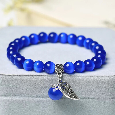 

10 Colors Cat Eye Stone Beads Charm Bracelets & Bangles Handmade Leaf Pendant Bracelet Crystal Jewelry Gifts