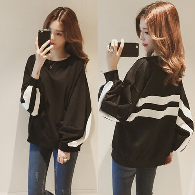 

Women\s Striped Round Neck Long Lantern Sleeve Pullover Loose Sweatshirt Top