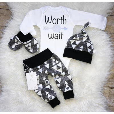 

USA 3Pcs Newborn Baby Boys Cotton Romper TopsLong Pants Hat Outfits Clothes Set