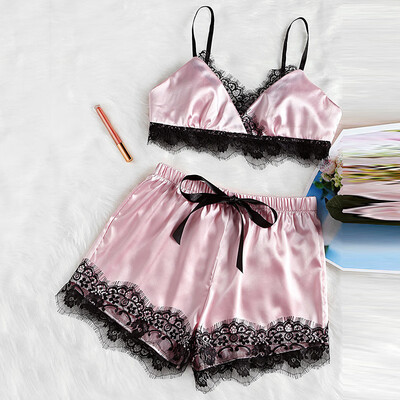 

2pcs Women Sexy Satin Lace Sleepwear Babydoll Lingerie Nightdress Pajamas Set