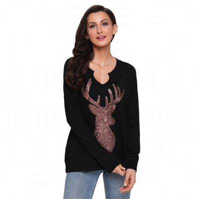 

V-neck long-sleeved reindeer pattern sequined shirt casual straight top