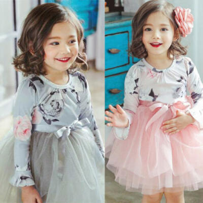 

US Sale Toddler Kids Baby Girls Long Sleeve Dress Tulle Lace Party Wedding Dress