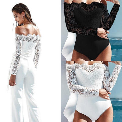 

US Women Bodycon Lace Long Sleeve Bodysuit Leotard Off Shoulder Jumpsuit Romper