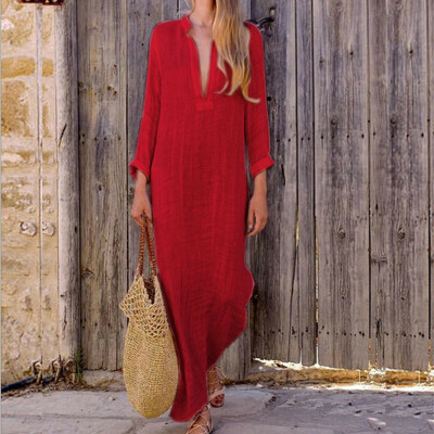 

Women Cotton Linen Maxi Dress Long Sleeve Casual Boho Kaftan Tunic Plus Size