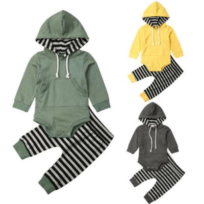 

Toddler Newborn Baby Boy Kids Hooded Tops RomperStriped Long Pants Autumn Winter Outfit Clothes Set