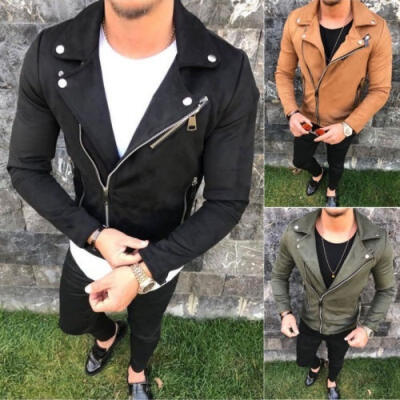 

Cool Men Pea Coat Warm Suede Leather Blend Biker Jacket Zipper Outwear Tops