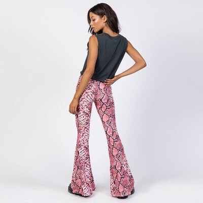 

Sexy Women Flared Pants Snake Skin Print High Waist Bell Bottom Wide Leg Pants Trousers PinkOrange