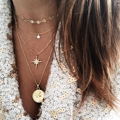 

Fashion Women Necklaces Wheel Octagon Star Disc Portrait Pendant Multilayer Gold Long Necklace Set Clavicle Chain Party Jewelry