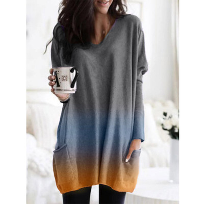

Sexy V-Neck Gradual Change Women Long T-Shirt Loose Casual Pocket Long Sleeve Women Top