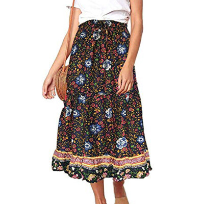 

Roseonmyhand Womens Boho Floral Print Elastic High Waist Pleated A Line Midi Skirt