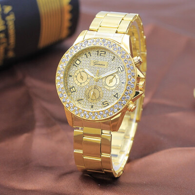 

Geneva double-ring drill three-eye steel belt watch Business mens watch Diamond sand surface quartz watch