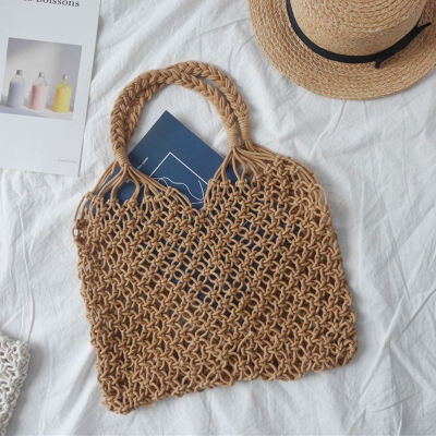 

2019 Large Women Cotton Knitted Tote Solid Summer Style Ladies Beach Handbags Handmade Woven Reusable Shopping Handbags