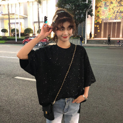 

New Sequins Casual Slim T-shirt Women Black White Women Tee Shirts Casual Tops