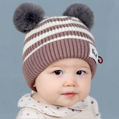 

Autumn winter baby wool cap for children plus fleece girls 5 to 30 months male&female cap striped double wool warm hat