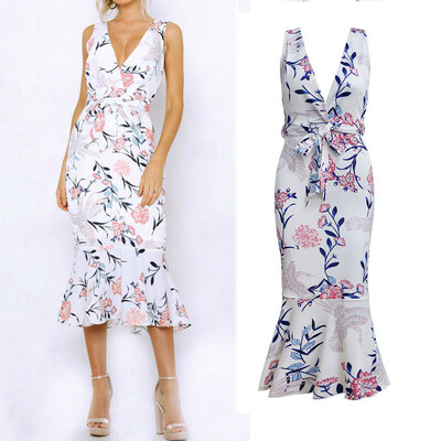 

Women Floral Print Sleeveless Dress Ladies Boho Long Maxi Summer Evening Party