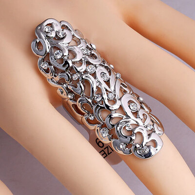 

Fashion Charm Rhinestone Full Finger Armor Joint Knuckle Hollow Out Ring Long Hollowed Out Ring