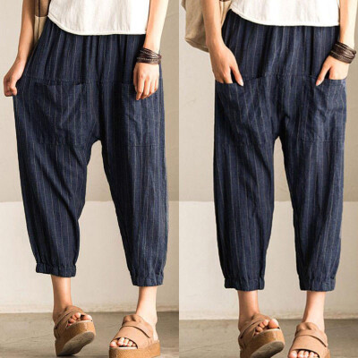 

Tailored Women Retro Striped High Waist Casual Loose Elastic Trousers Harem Pants