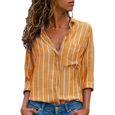 

Womens V Neck Stripe Long Sleeve Loose Shirt Ladies Front Button Blouses Tops