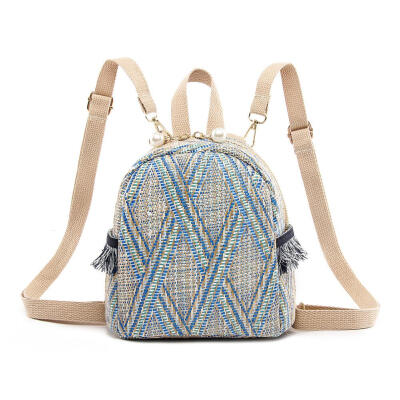 

Straw Woven Small Travel Backpacks Women Stripe Print Shoulder School Bags