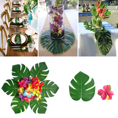 

30Pcs Artificial Monstera Leaf 24Pcs Hibiscus Flower Party Table Decor Mat